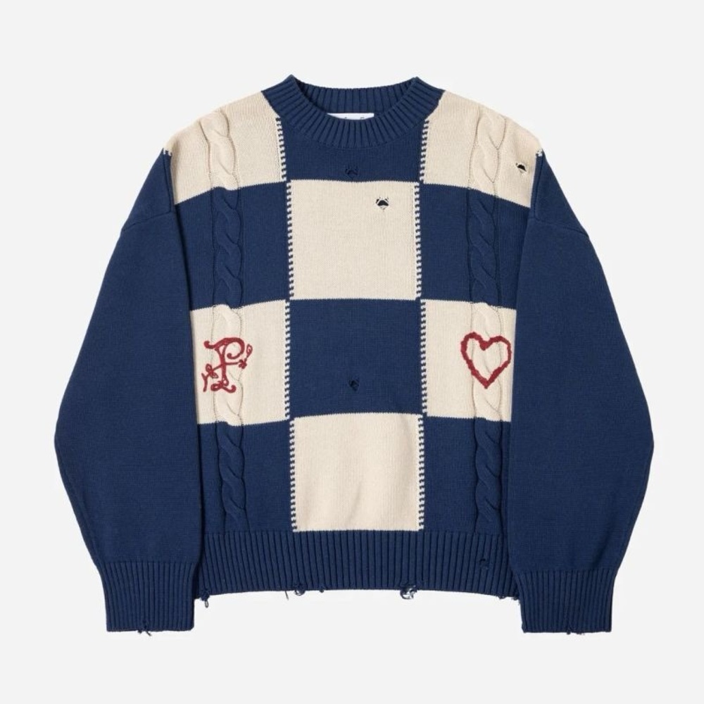 Found (formerly Profound) Checkered Fisherman Knit Sweater Navy Cream Size S - Picture 2 of 8